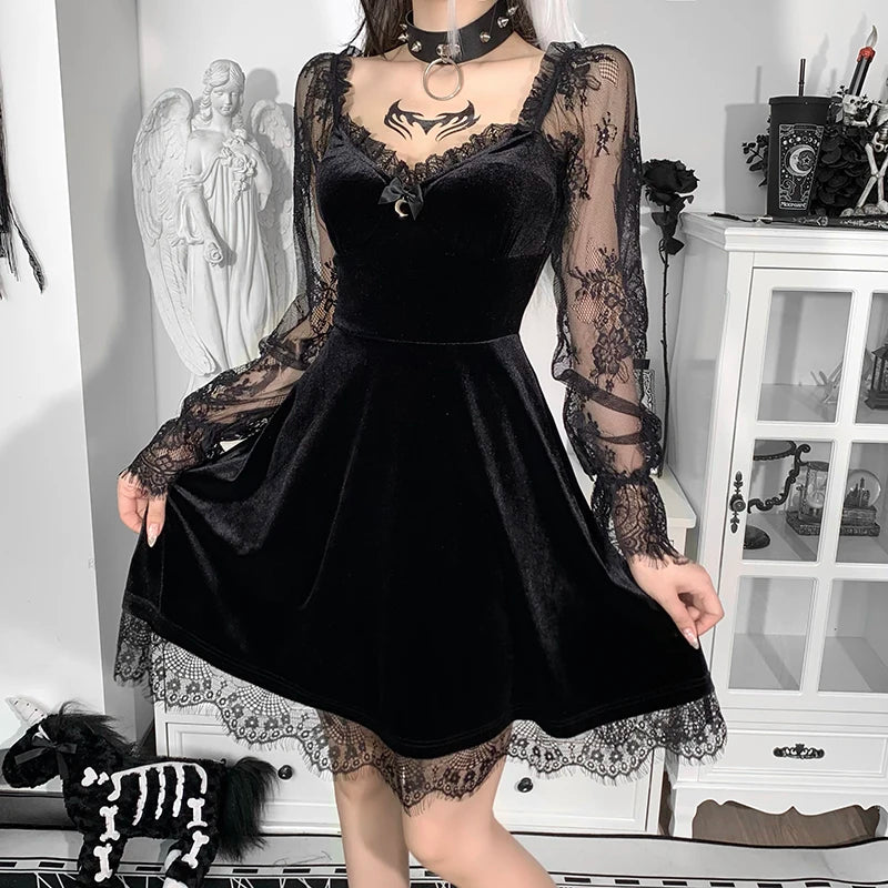 Playful E-girl Grunge Gothic Black Mini Dress with Lace Trim