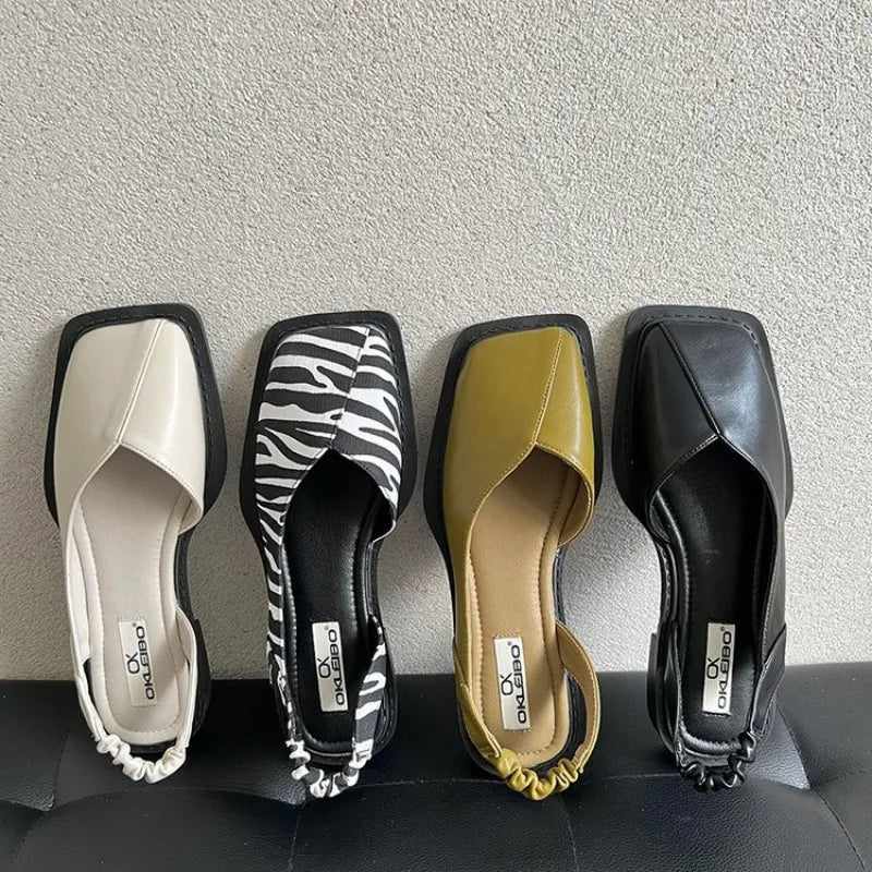 New Summer Elegant Ladies Sandals 2024 Fashion Ladies Elastic Band Flat Heel Women Shallow Party Shoes Square Heel Square Toe