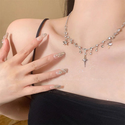 Fashion Chic Cross Crystal Zircon Pendant Tassel Necklace for Women Girls Clavicle Chain Accessories Aesthetic Y2K Jewelry