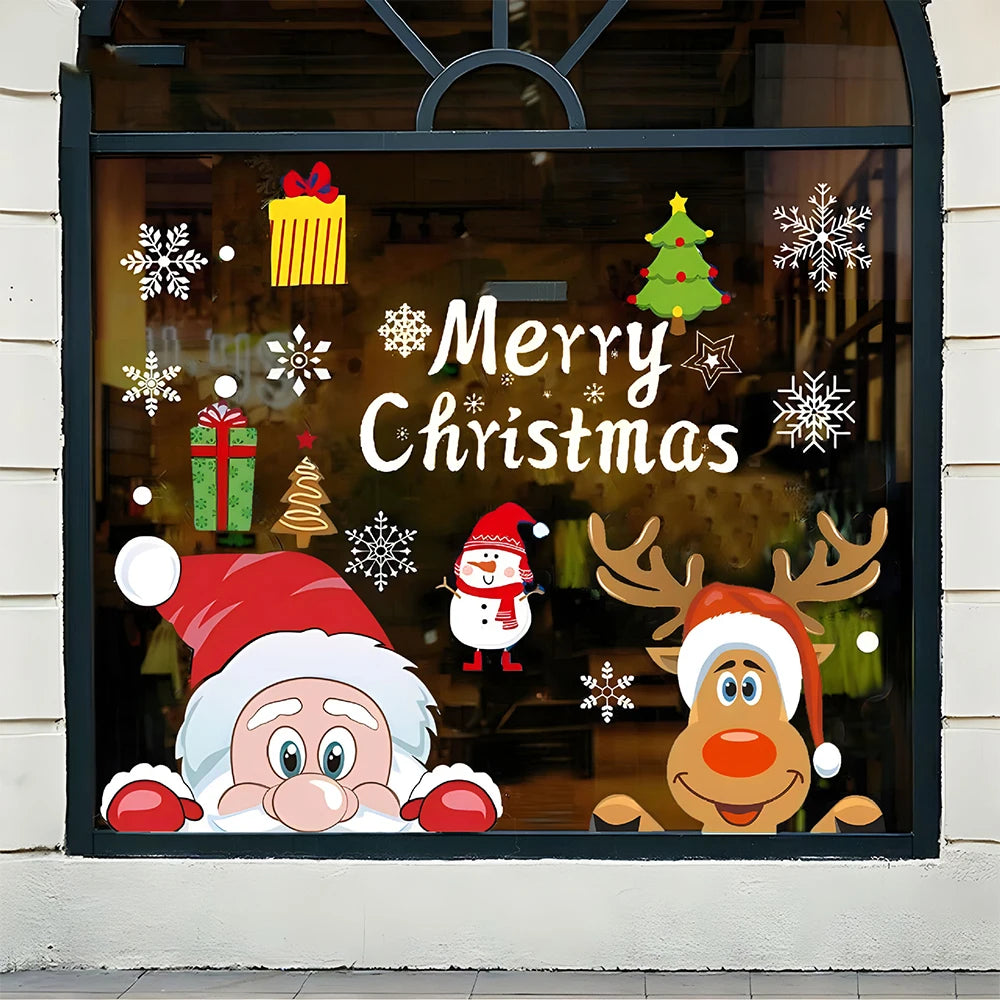 Christmas Window Clings Decor Merry Christmas Snowflake Santa Claus Reindeer Window Stickers Decals for Glass Window Xmas Decors