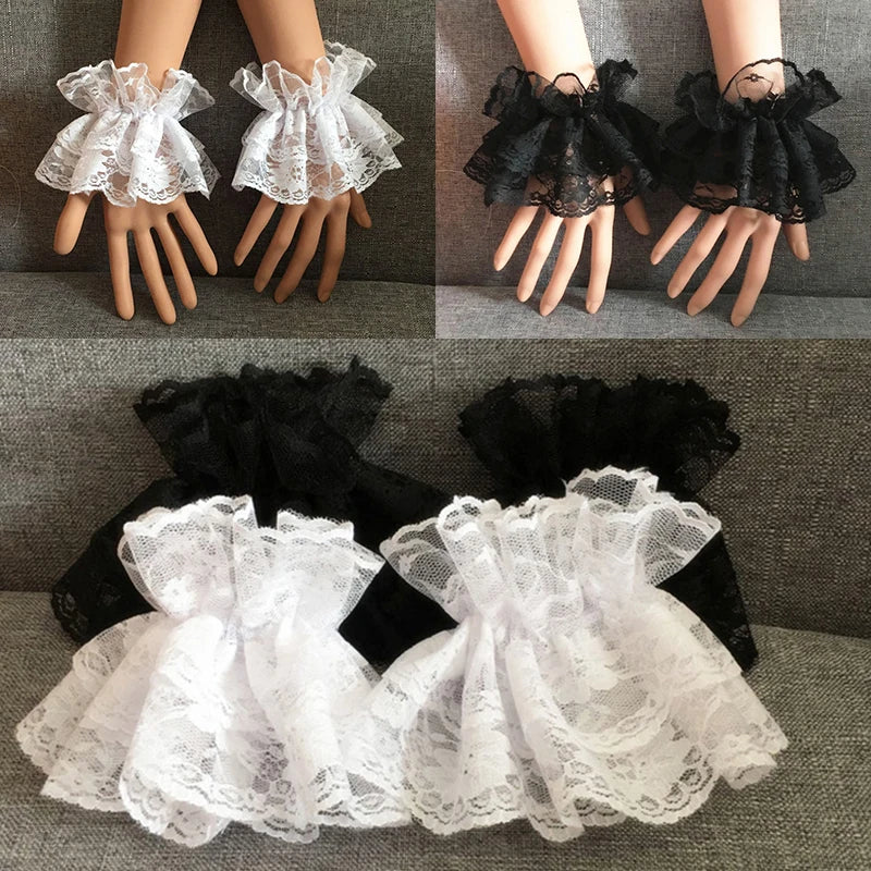 Japanese Lolita Hand Wrist Cuffs Bowknot Lace Trim Cosplay Maid Accessories For Women Girl Party Hand Ornament Hand Sleeve