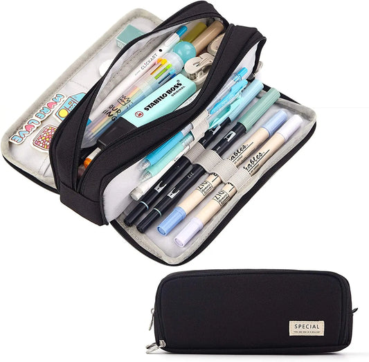 Kawaii Pencil Case Large Space Storage 3 Compartment Pouch Double Side Opened Student Stationery Desk Organizer School Supplies