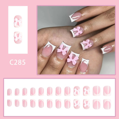 24Pcs/set Bows Press on Nails Short Square Fake Nail White French Tip False Nails with Pink Bow Charms Stick on Nails for Women