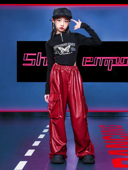 Girls Hip Hop Mock Neck Crop Top & Cargo Pants Set