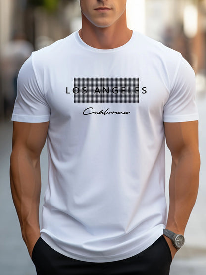 Men's 100% cotton summer loose fit large Los Angeles Graphic printed slim fit casual sports round neck short sleeved T-shirt top