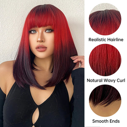 HAIRCUBE Black to Red Omber Straight Wigs with Bangs Medium Synthetic Wigs for Women Use Cosplay Heat Resistant Natural Hair