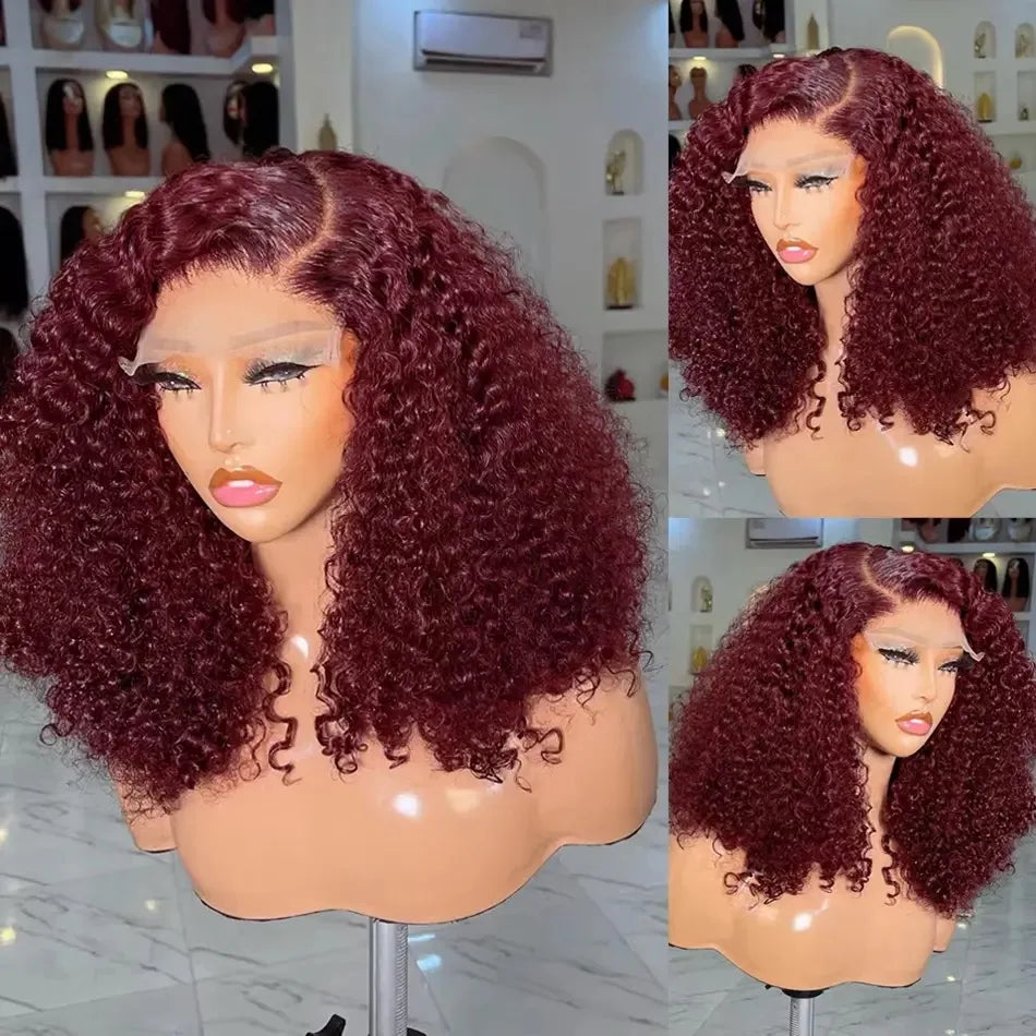 Water Wave Short Bob Cut 99J Red Burgundy Lace Front Wig