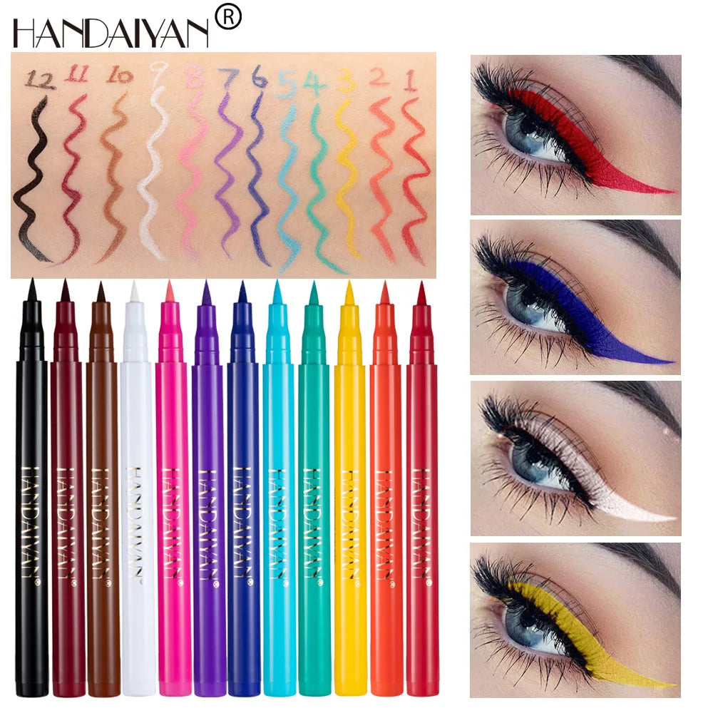 HANDAIYAN 12-Piece Set Matte Colored Eyeliner Pens - Quick-Drying, Non-Smudging Liquid Eyeliner Pens