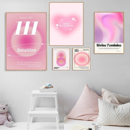 Pink Angel Number Wall Art Poster - Cute Floral Canvas