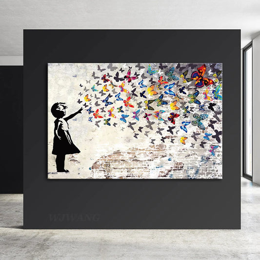 Banksy-Inspired Girl with Butterfly Canvas Print