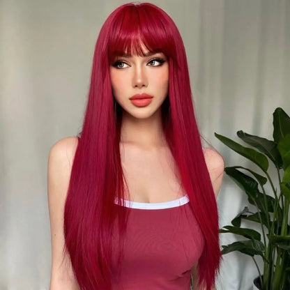 New Wig Female Natural Bangs Long Straight Wine Red Synthetic High Temperature Silk Wig Full Head Cover