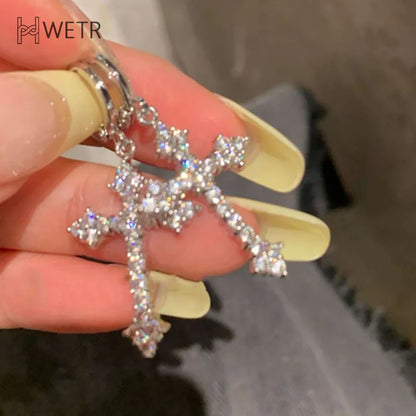 New Rhinestone Zircon Cross Pendant Earrings For Women Korean Fashion Drop Hoop Earrings Birthday Party Jewelry Gifts