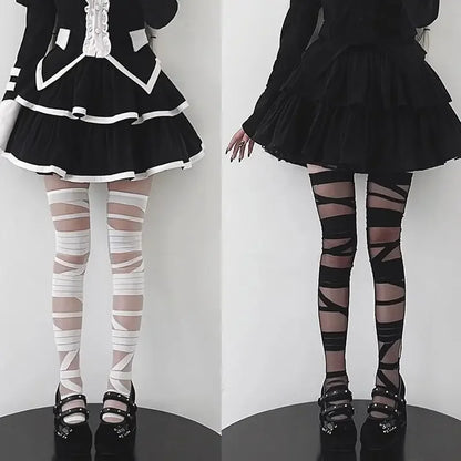 Gothic Lolita Accessories Bandage Design Thin Soft Long Socks Women Sexy Cross Strap Bottom Stockings Cosplay Cute Girls Hosiery