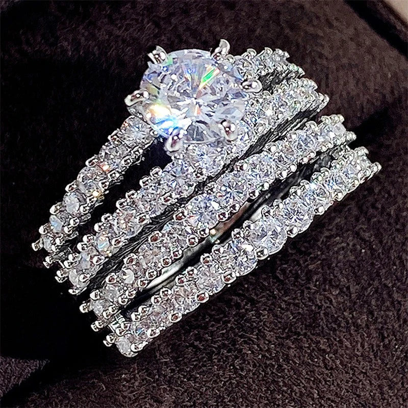 Huitan Trendy Hollow Set Rings Full Bling Iced Out CZ Stone Luxury Women Wedding Engagement Rings 2Pcs Set Jewelry Drop Shipping