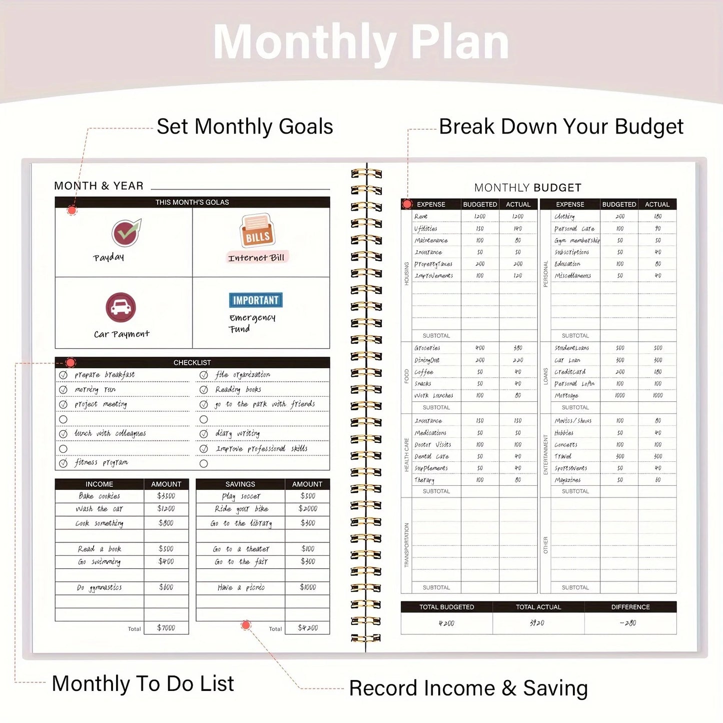 Undated Monthly Finance Budget Planner & Expense Tracker