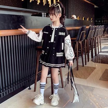 Spring and Autumn Baby Girl Clothes Sportswear Baseball Uniform Jacket Pleated Skirt Children's Two-Piece Set