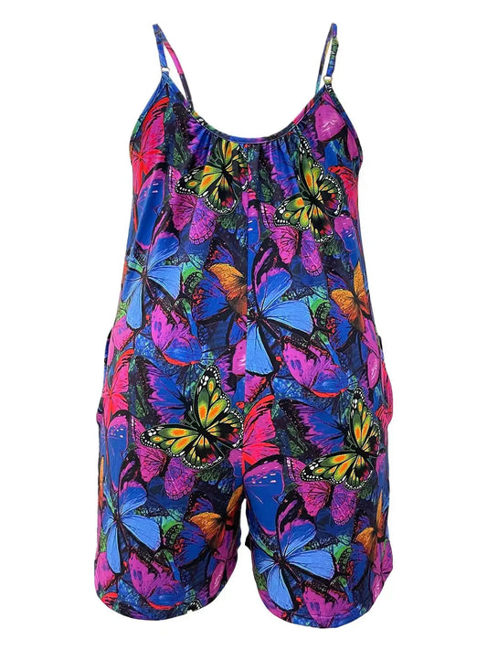 Plus Size Butterfly Print Slip Romper, Casual Sleeveless Pockets Romper, Women's Plus Size Clothing