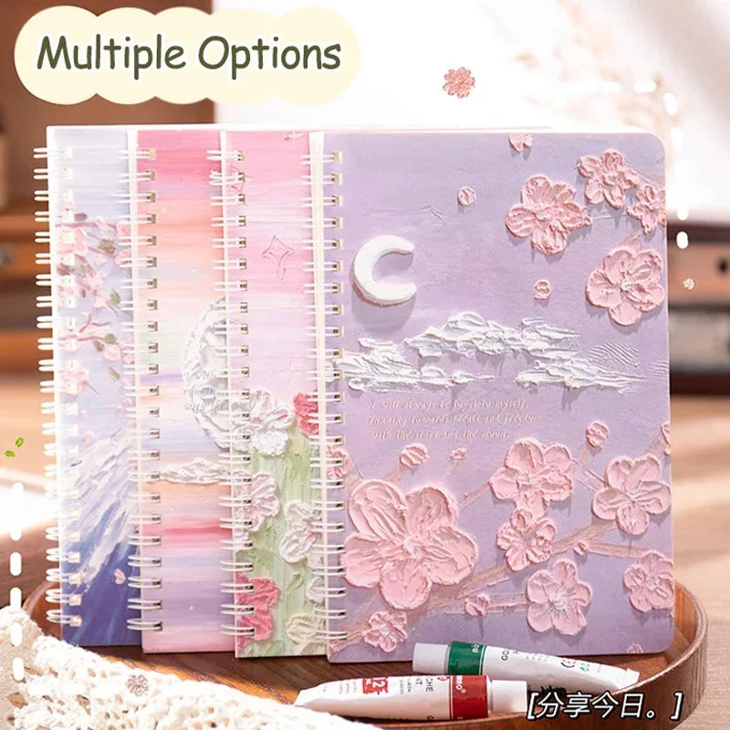 4 Books/Set A5 Oil Painting Style Coil High Quality Kawaii Lined Inner Notebooks Korean Stationery Supplies for School Students