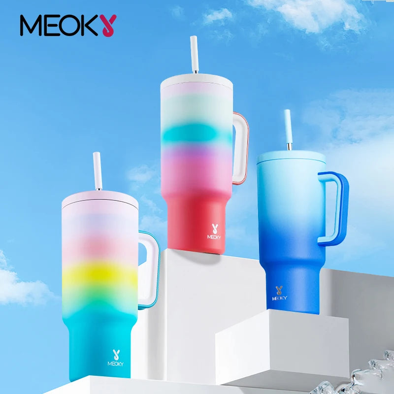 Meoky 40oz Tumbler Handle Straw Multiple Prints Stainless Steel Bottle Cold Insulation Thermos Cup Vacuum Insulated Car Mug Gift