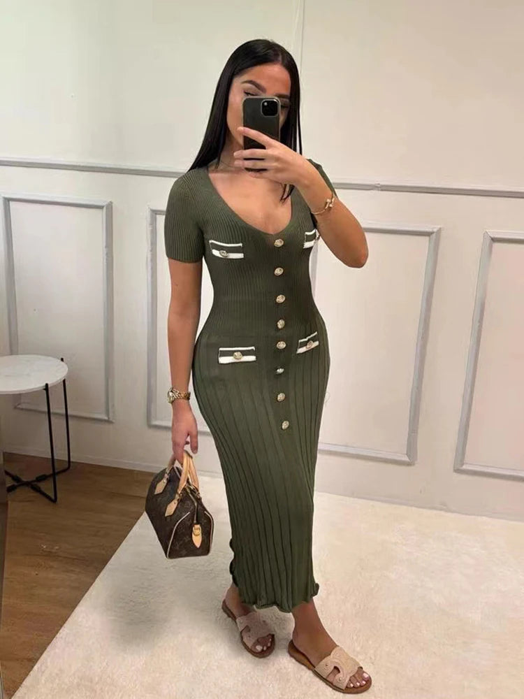 Office Lady Elegant Knitted Long Dress Summer Short Sleelve V Neck Single Breasted Bodycon Dresses Women Party Fashion Vestidos