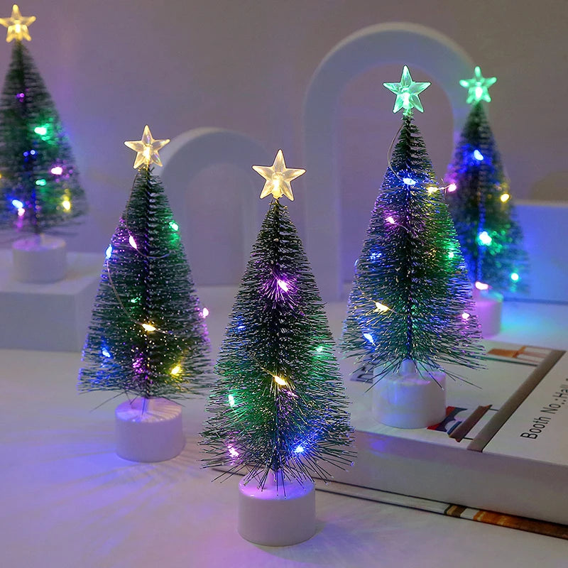 Mini Christmas Trees With LED Light Decor Tabletop Crafting DIY Christmas Gift Green Brush Trees Plastic Winter Snow Ornaments