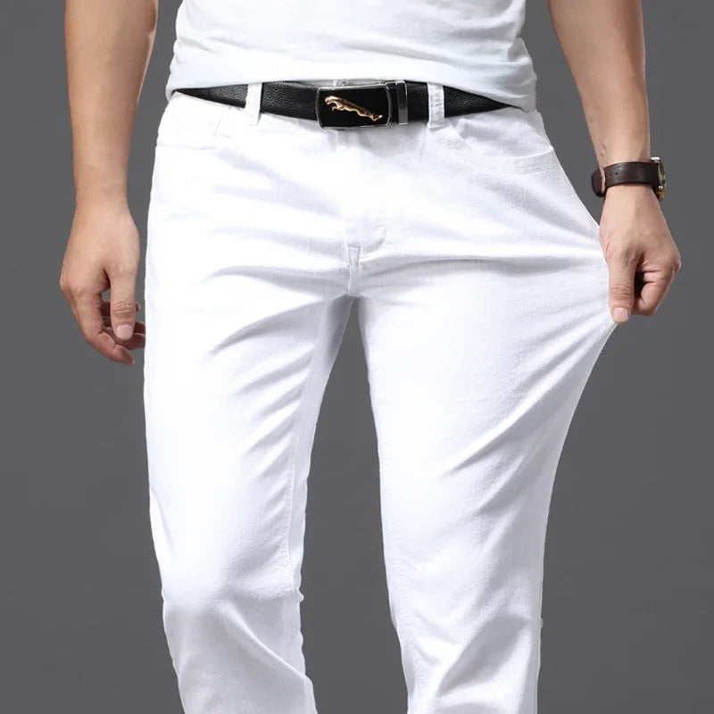 Men Slim White Jeans New Elasticity Fashion Casual Classic Soft Business Brand Trousers Male Clothing Stretch Pants