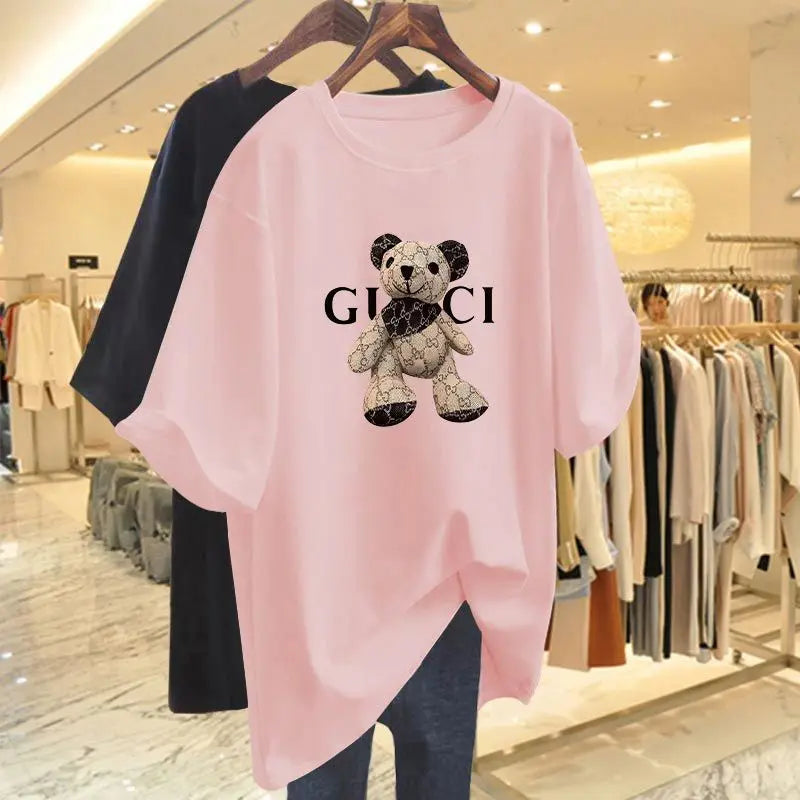 Women Fashion Animal Printing T-shirt Summer Casual Loose 100 Cotton Basic Top Tee Office Lady Oversized Pullover 40-105Kg