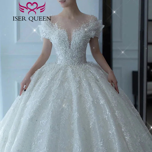 Customized Sheer Neck Wedding Dress with Pearls & Crystals