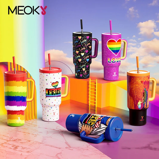 Meoky 40oz Tumbler Handle Straw Stainless Steel Bottle Big Capacity Thermos Coffee Cup Multicolor Print Vacuum Insulated Car Mug