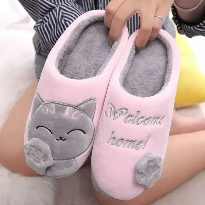 Playful Cartoon Cat Warm Winter Slippers for Women