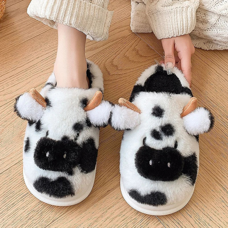 Women's Cozy Cartoon Cow Slippers - Furry Indoor Shoes