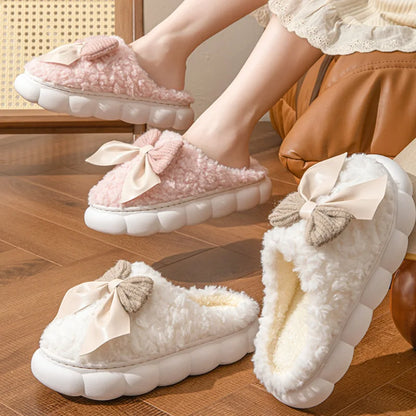 Cute Winter Fur Slippers with Bow for Women