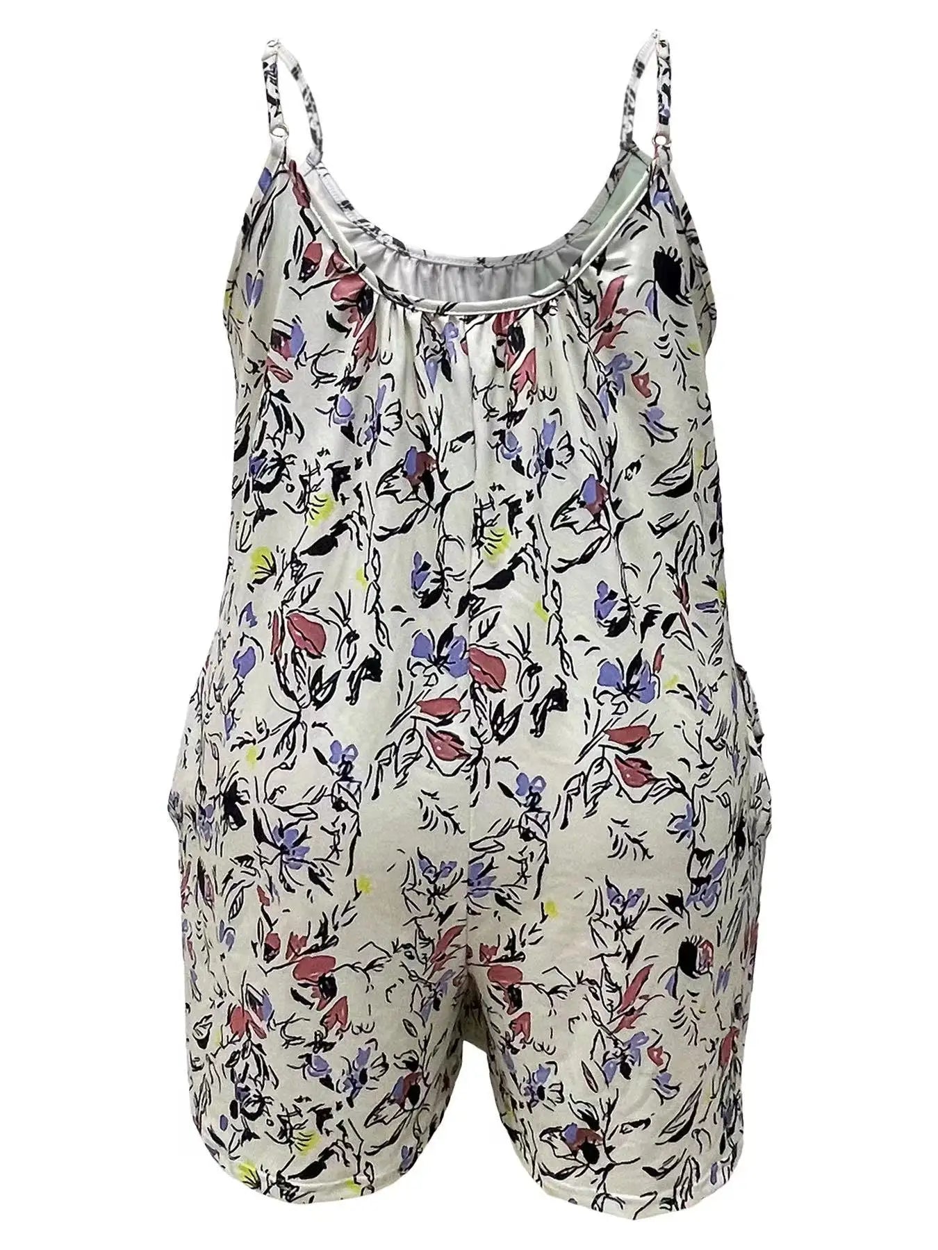 Plus Size Allover Print Cami Romper Jumpsuit, Casual Pocket Ruched Sleeveless Romper Jumpsuit, Women's Plus Size Clothing