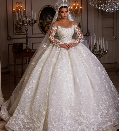 Luxury Princess Wedding Dresses Vintage Bridal Gown Beading Shinny Tulle Long Sleeves Robe Elegant Pretty Dress Customized 2025