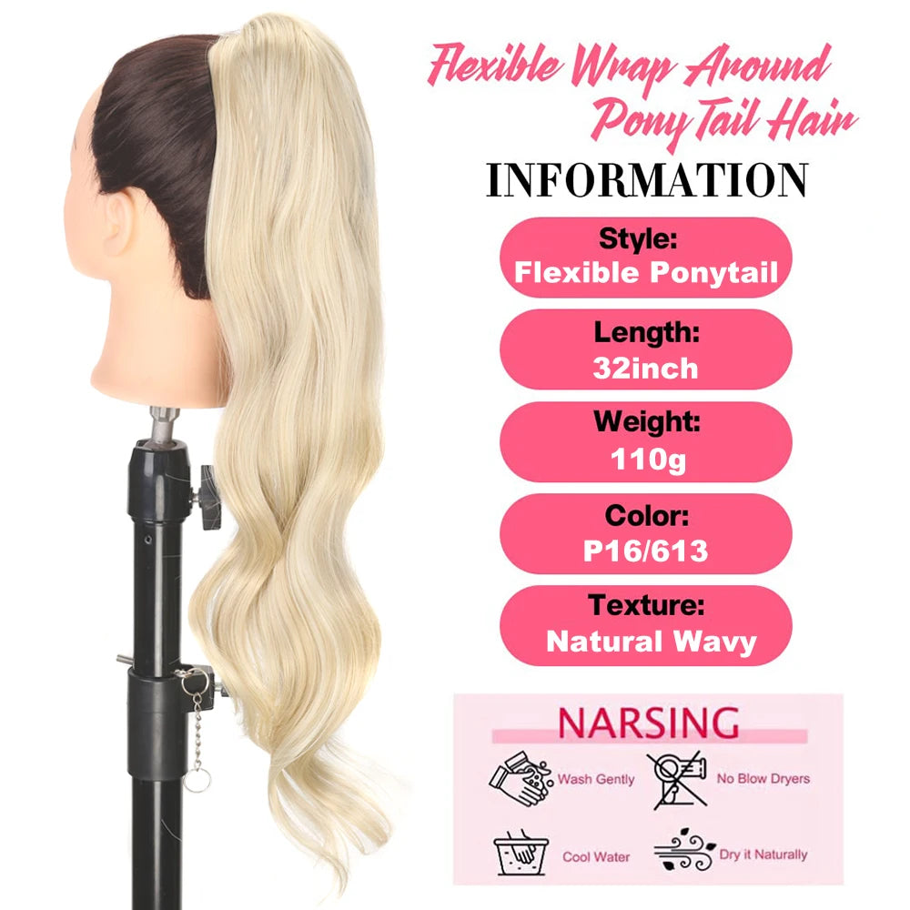 32Inch Synthetic Ponytail Hair Extensions Flexible Wrap Around False Tail For Women Natural Wavy Pony Tail Hairpiece Daily Use