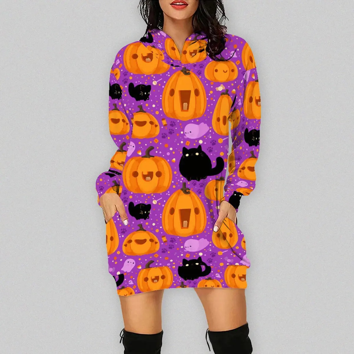 Spring and Autumn women's Halloween new 3d digital print long sleeve round shoulder hoodie dress