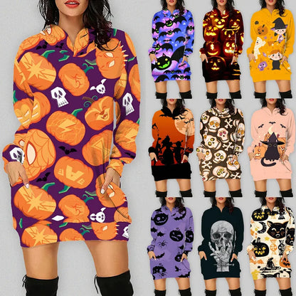 Spring and Autumn women's Halloween new 3d digital print long sleeve round shoulder hoodie dress