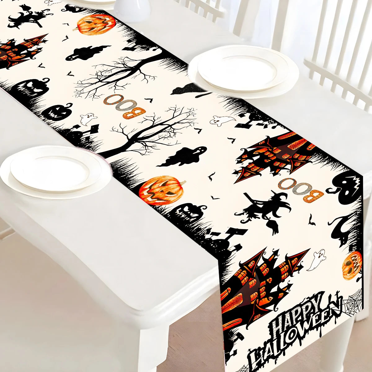 Halloween Table Runner Happy Halloween Party Decorations For Home 2024 Ghost Pumpkin Witch Bat Kitchen Dining Table Runner