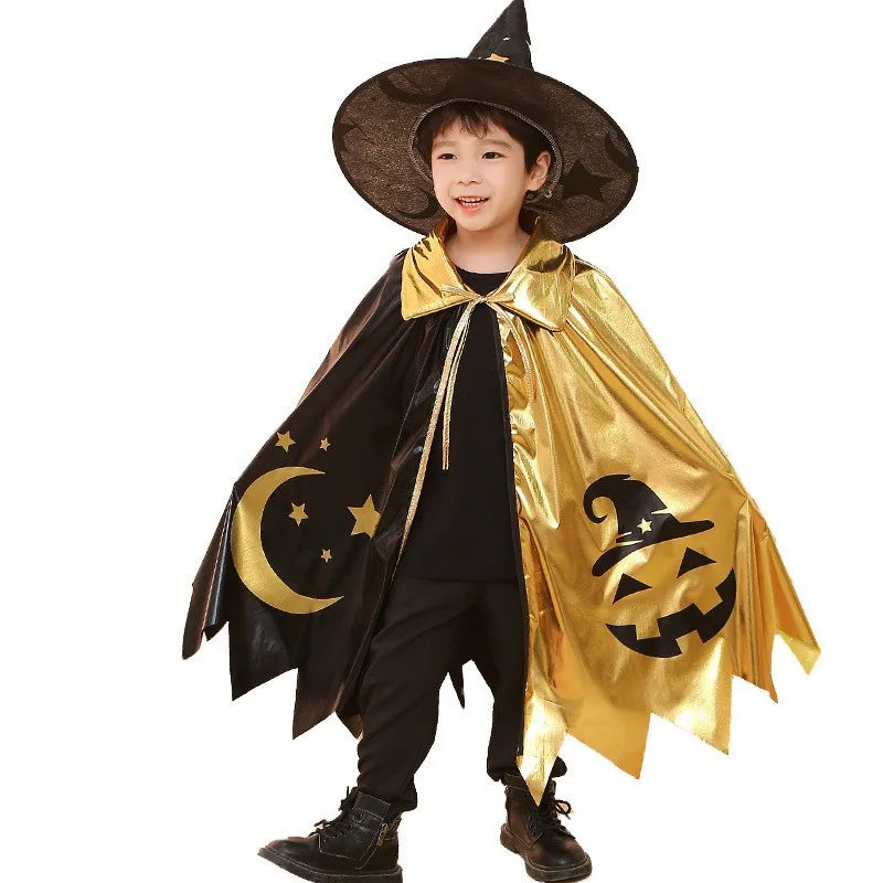 Kids Halloween Unisex Witch Cosplay Cloak + Witch Hat 2 Piece Costume Carnival Party Fancy Gold Black Color Blocking Dress Cape