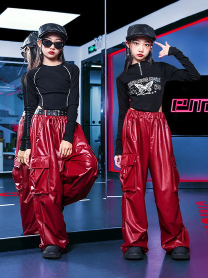 Girls Hip Hop Mock Neck Crop Top & Cargo Pants Set