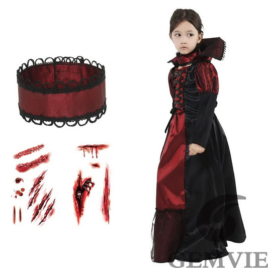 Girls Halloween Costume Vampire Dress Up Child Vampiress Role Play Carnival Party Cosplay Outfits with Stickers