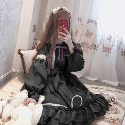 Alice In Wondeland Cute Women Lolita OP Dress Flouncing Lace Trim Japanese Harajuku Long Sleeves Doll Teen Dress Fairy Vestidos