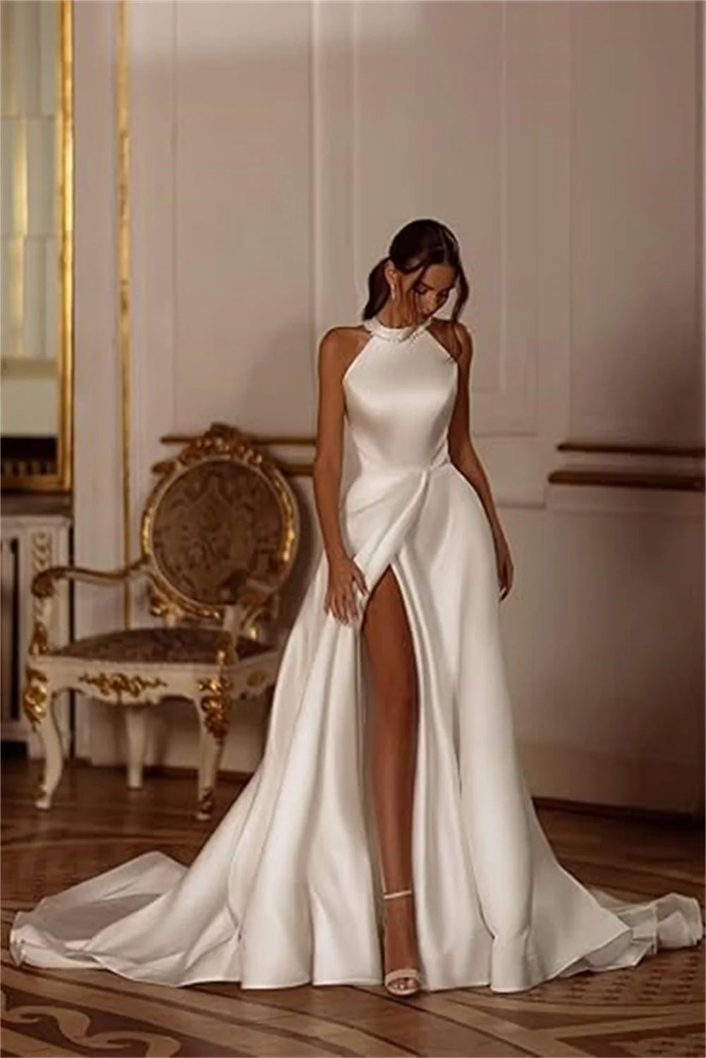 Customized Satin Bow Slit Off Shoulder Wedding Dress