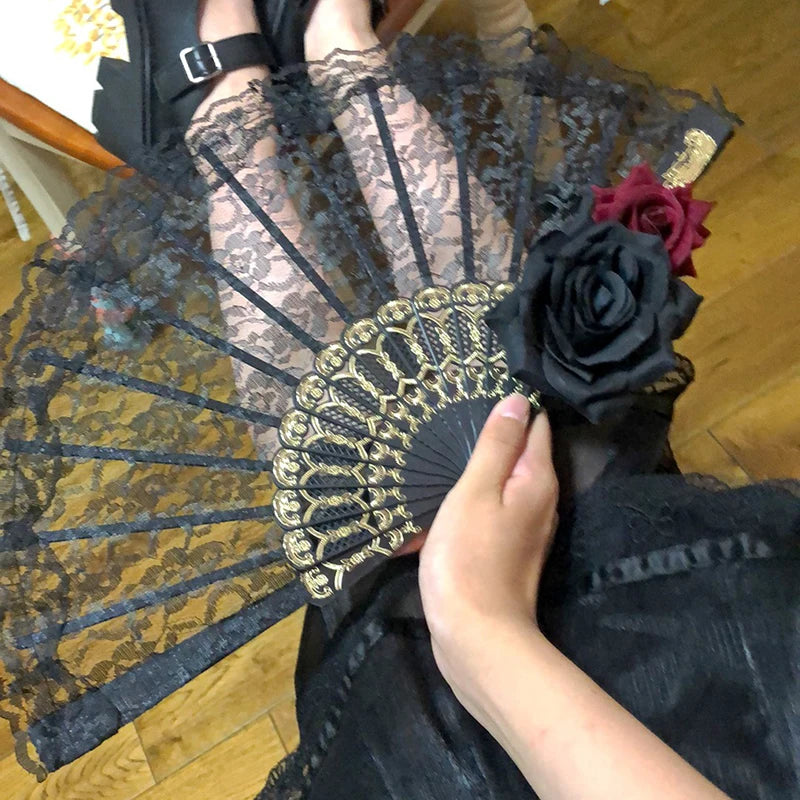 Anime My Dress-Up Darling Kitagawa Marin Cosplay Hand Fans Girls Lolita Gothic Women Lace Rose Fan Halloween Party Accessories