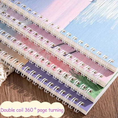 4 Books/Set A5 Oil Painting Style Coil High Quality Kawaii Lined Inner Notebooks Korean Stationery Supplies for School Students