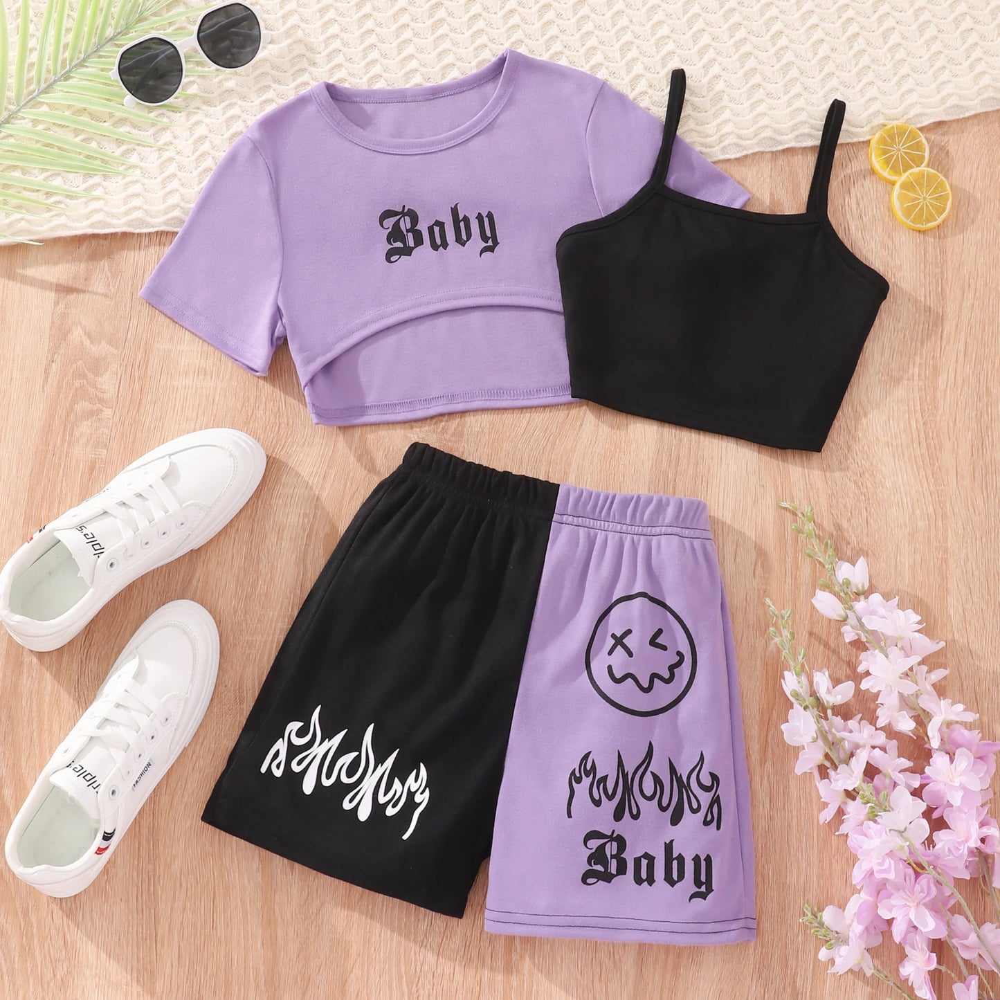 2024 Kids Girls Clothing Set Summer Short Sleeve Fashion Three Piece Girls Suit Color Block Children Outfits Girls Clothes 8-12Y