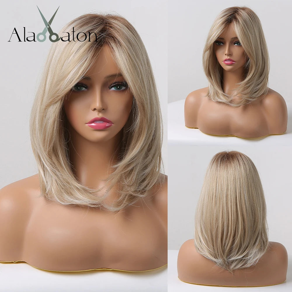 ALAN EATON Layered Synthetic Wigs with Bangs Straight Short Highlights Blonde Hair Wig with for Women Natural Daily Cosplay Wigs