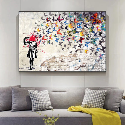 Banksy-Inspired Girl with Butterfly Canvas Print