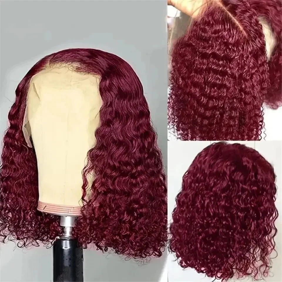 Water Wave Short Bob Cut 99J Red Burgundy Lace Front Wig