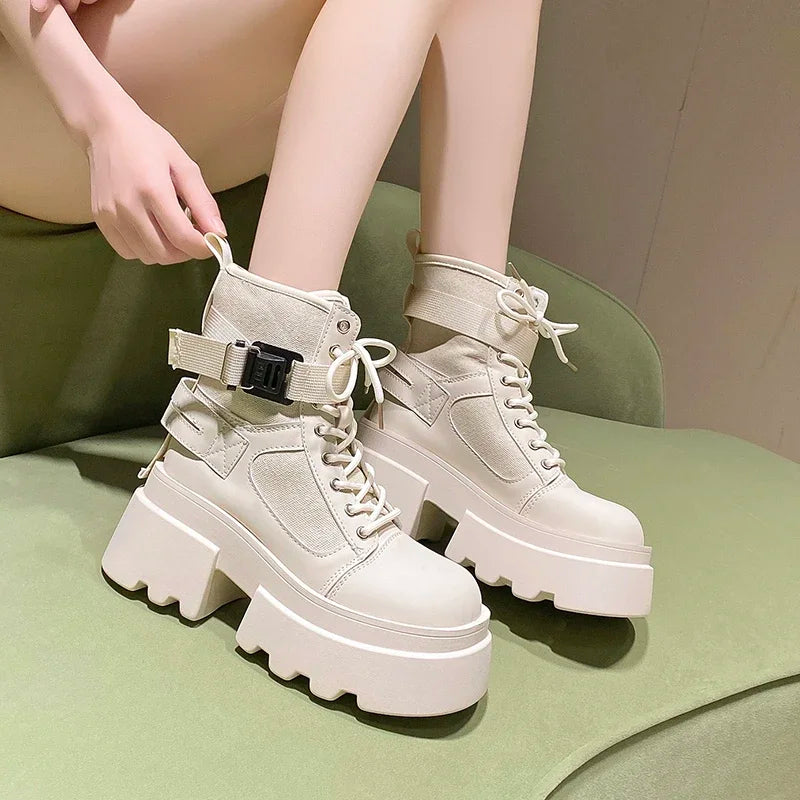 Women's High Platform Motorcycle Boots - 7CM Heels